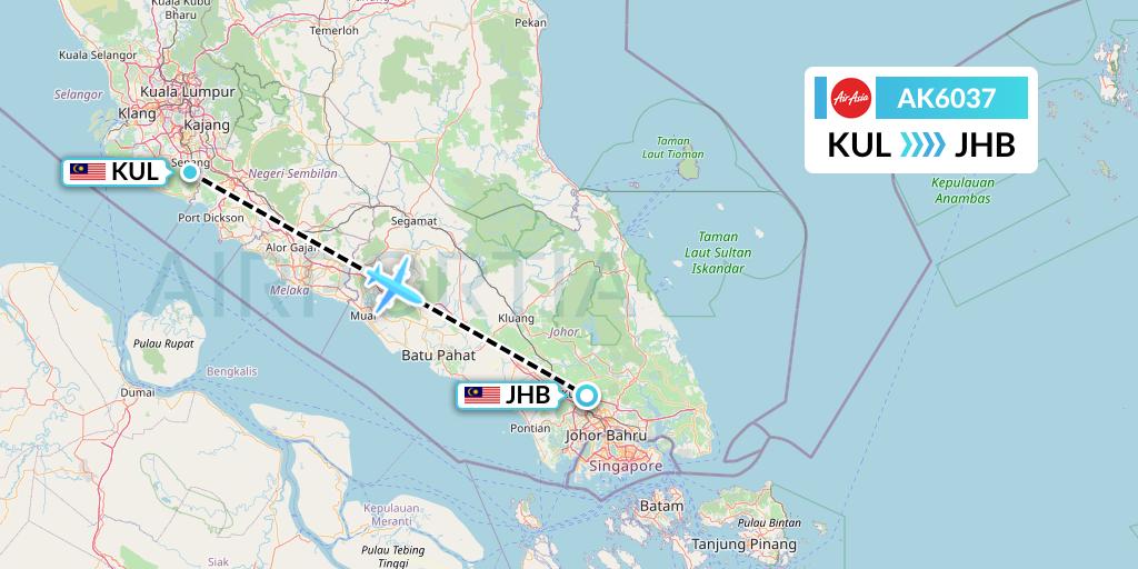 AK6037 AirAsia Flight Map: Kuala Lumpur to Johor Bahru