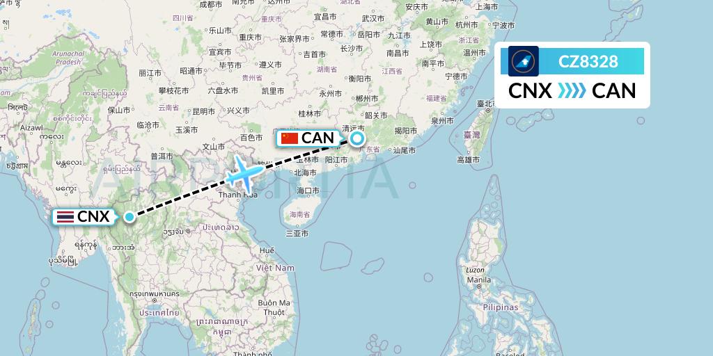 CZ8328 China Southern Airlines Flight Map: Chiang Mai to Guangzhou