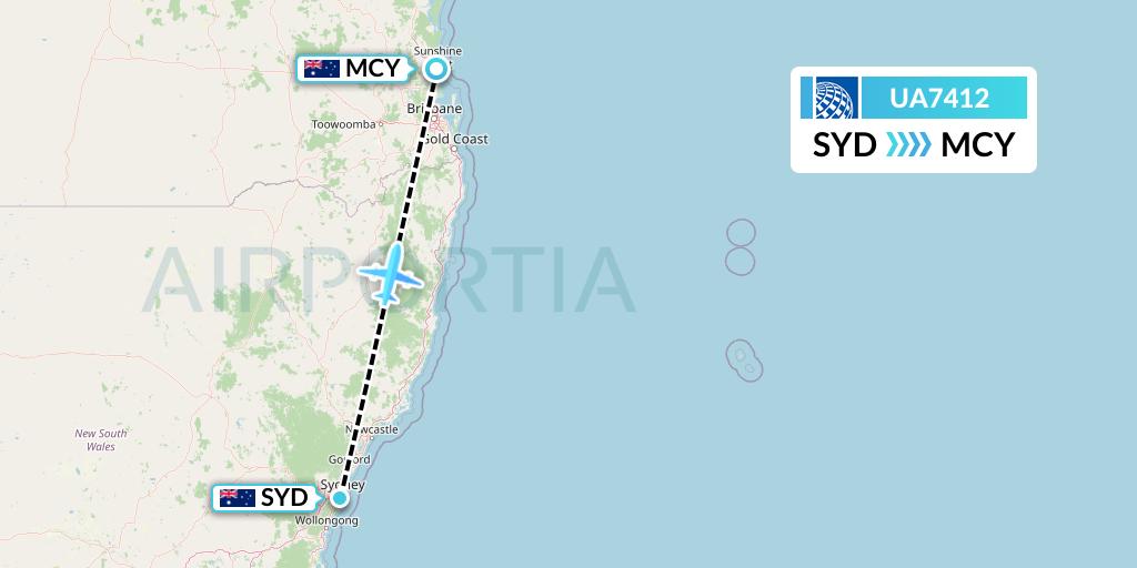 UA7412 United Airlines Flight Map: Sydney to Sunshine Coast