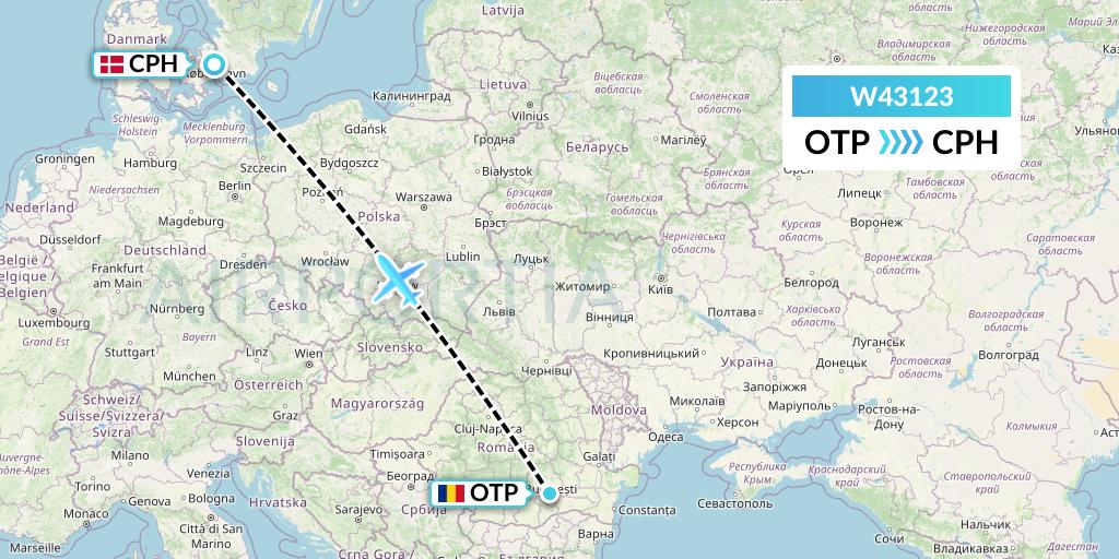 W43123 Wizz Air Malta Flight Map: Bucharest to Copenhagen
