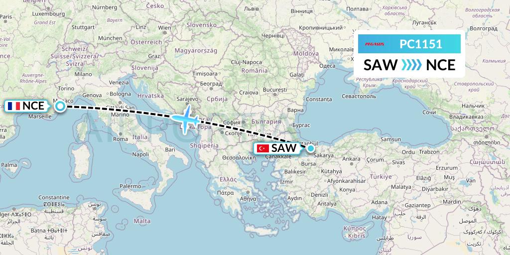PC1151 Pegasus Airlines Flight Map: Istanbul to Nice
