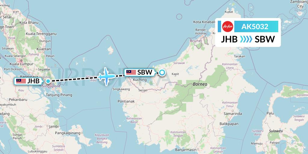 AK5032 AirAsia Flight Map: Johor Bahru to Sibu