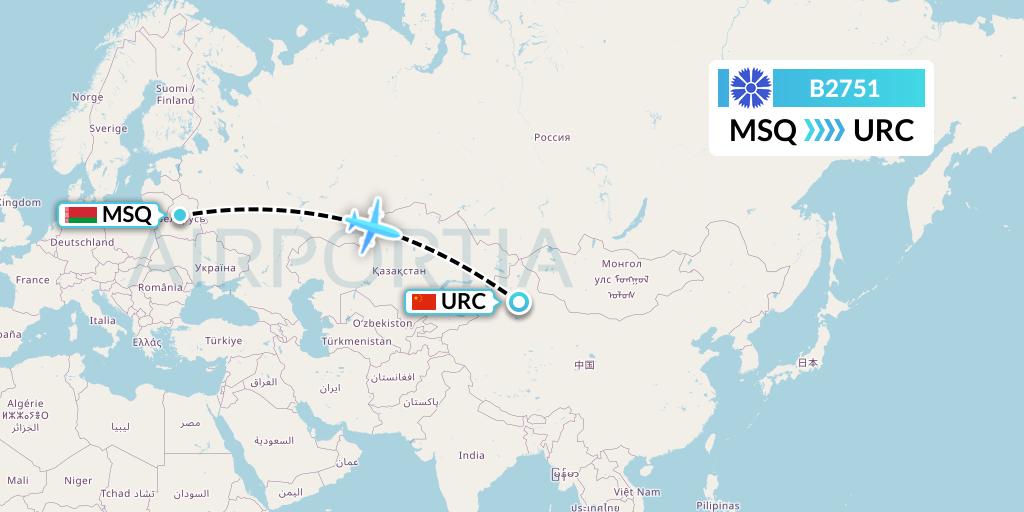 B2751 Belavia Flight Map: Minsk to Urumqi