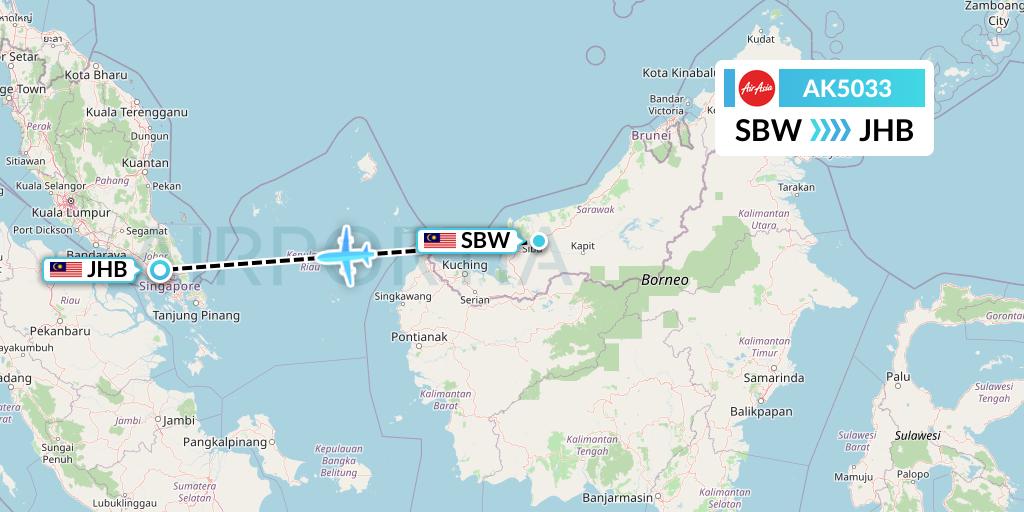 AK5033 AirAsia Flight Map: Sibu to Johor Bahru
