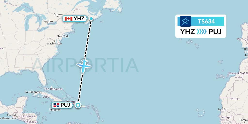 TS634 Air Transat Flight Map: Halifax to Punta Cana