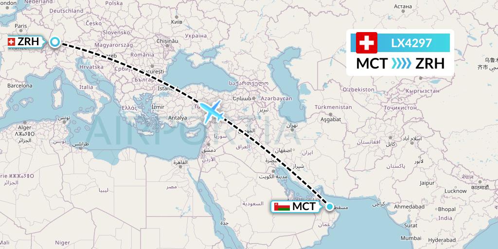 LX4297 Swiss Flight Map: Muscat to Zurich