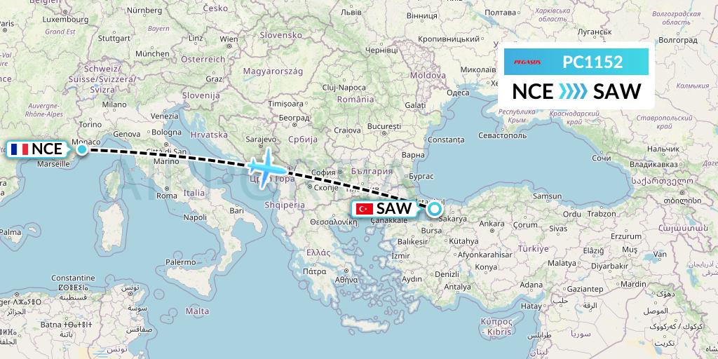 PC1152 Pegasus Airlines Flight Map: Nice to Istanbul