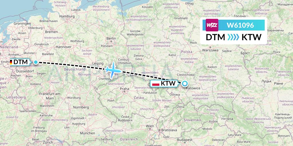 W61096 Wizz Air Flight Map: Dortmund to Katowice