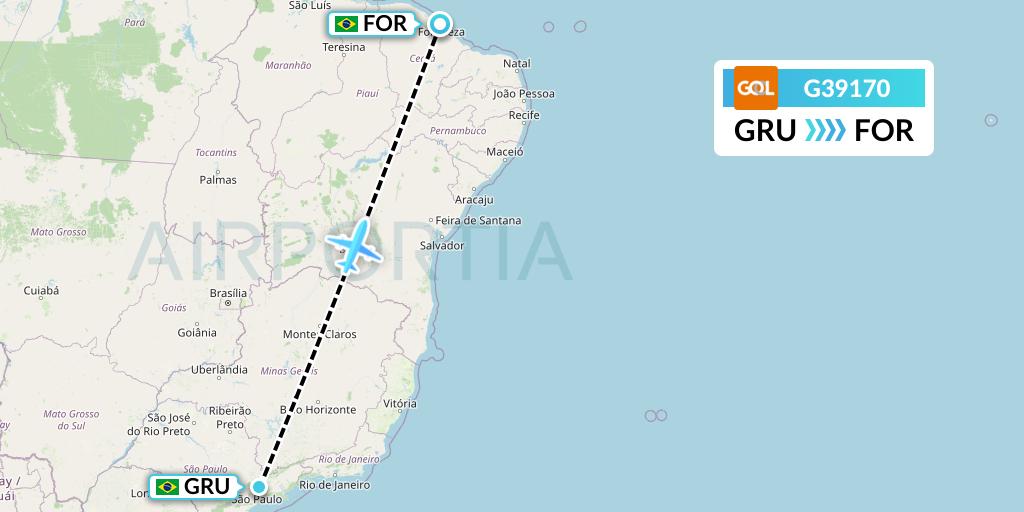 G39170 GOL Transportes Aeros Flight Map: Sao Paulo to Fortaleza