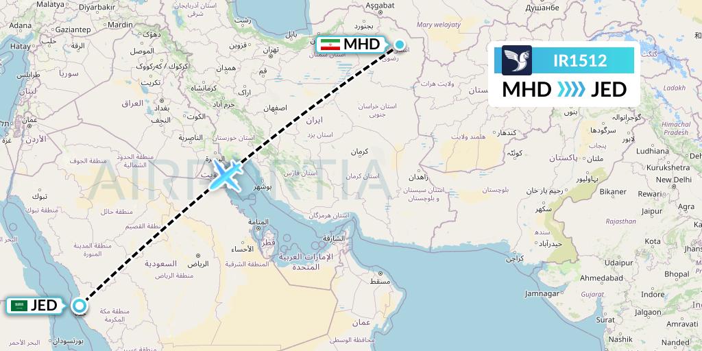 IR1512 Iran Air Flight Map: Mashhad to Jeddah