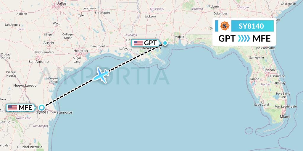 SY8140 Sun Country Airlines Flight Map: Gulfport to McAllen