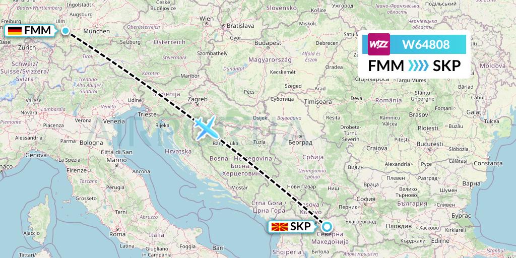 W64808 Wizz Air Flight Map: Memmingen to Skopje