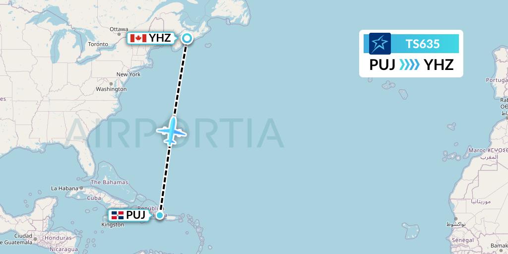 TS635 Air Transat Flight Map: Punta Cana to Halifax