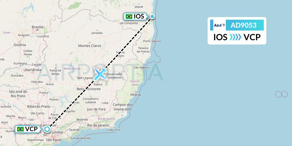 AD9053 Azul Brazilian Airlines Flight Map: Ilheus to Campinas