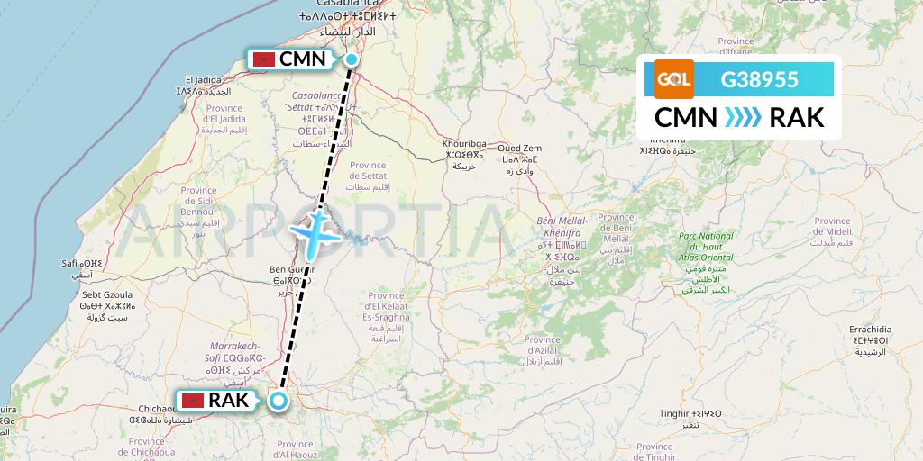 G38955 GOL Transportes Aeros Flight Map: Casablanca to Marrakesh 