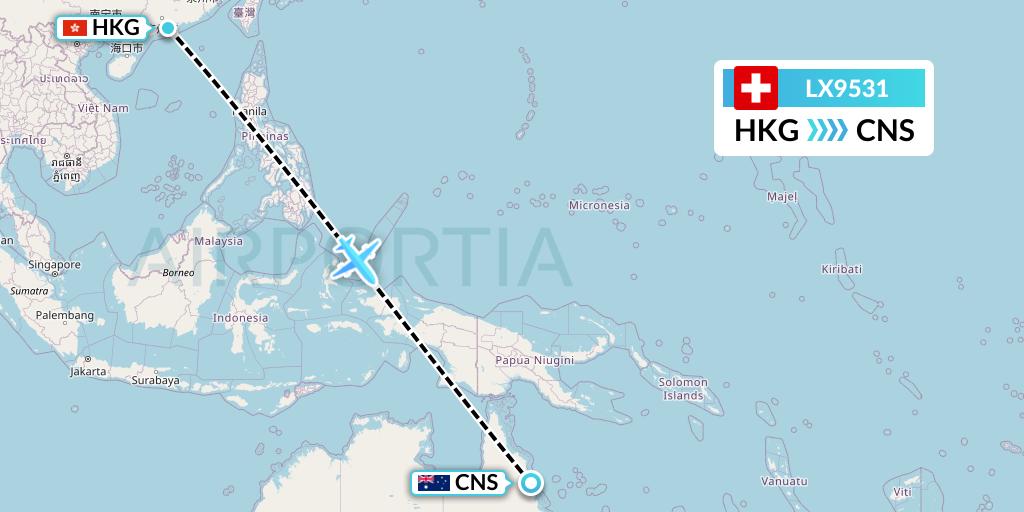 LX9531 Swiss Flight Map: Hong Kong to Cairns