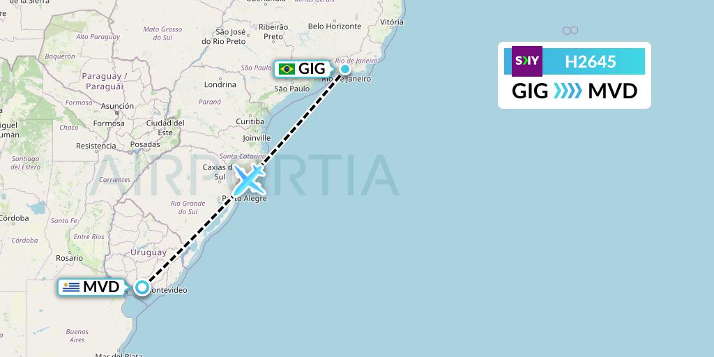 H2645 Sky Airline Flight Map: Rio de Janeiro to Montevideo