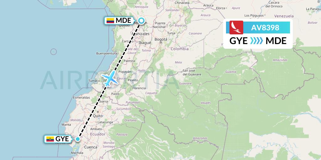 AV8398 Avianca Flight Map: Guayaquil to Medellin