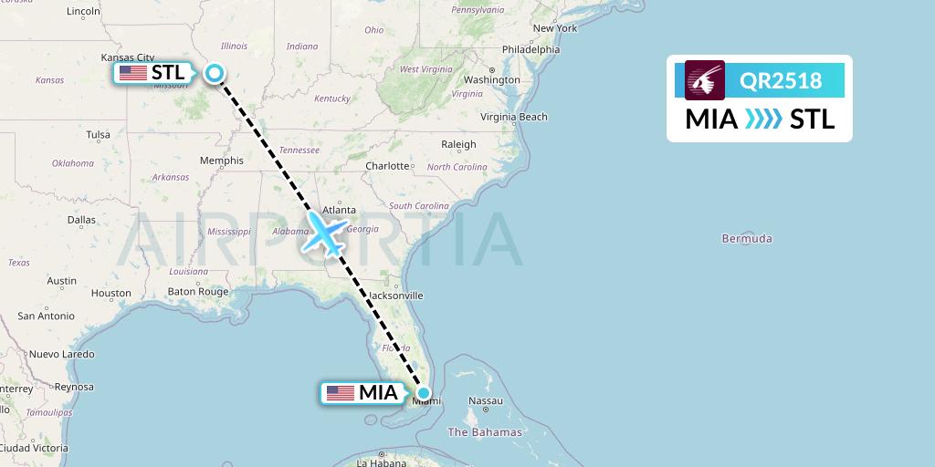 QR2518 Qatar Airways Flight Map: Miami to St. Louis