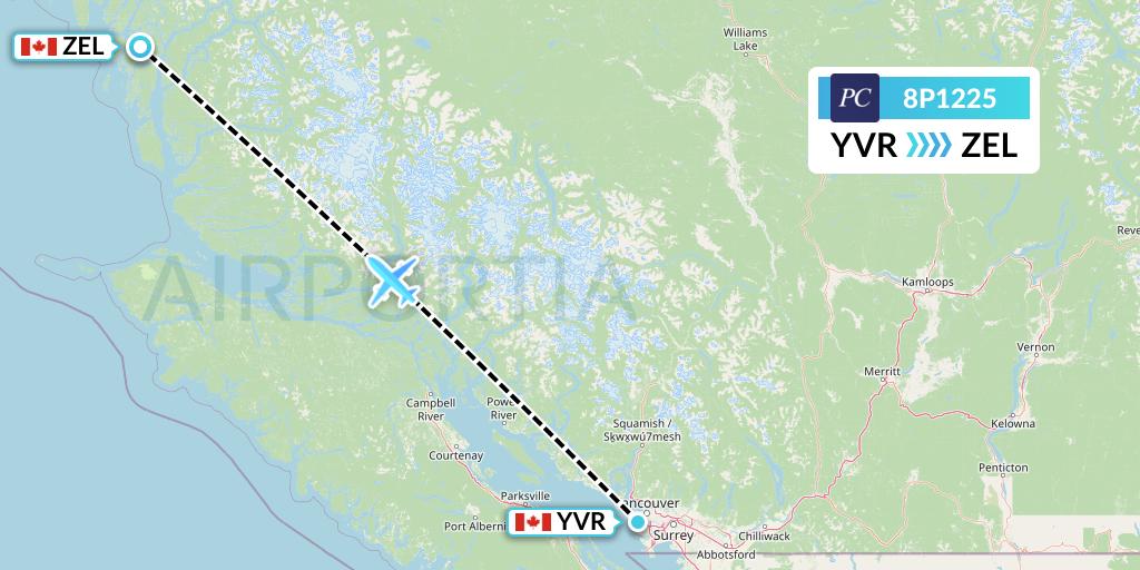 8P1225 Pacific Coastal Airlines Flight Map: Vancouver to Bella Bella