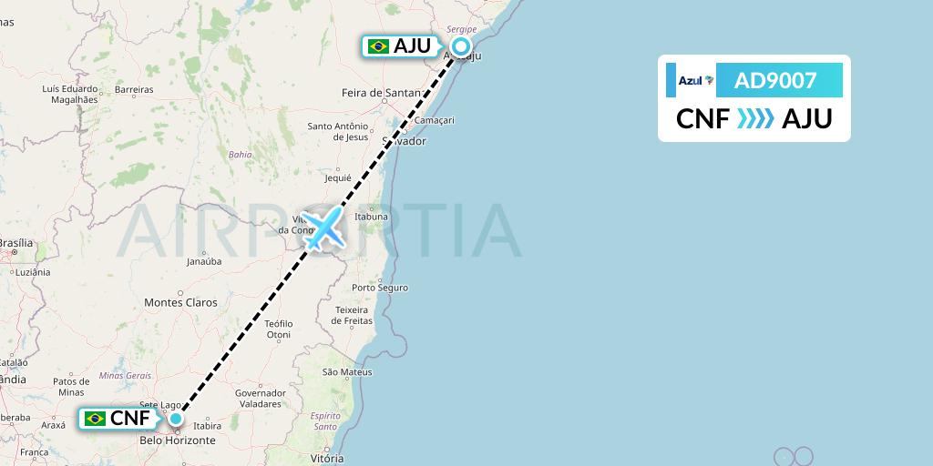 AD9007 Azul Brazilian Airlines Flight Map: Belo Horizonte to Aracaju