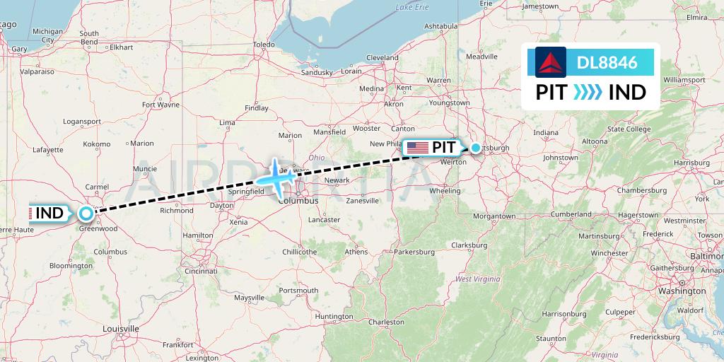 DL8846 Delta Air Lines Flight Map: Pittsburgh to Indianapolis