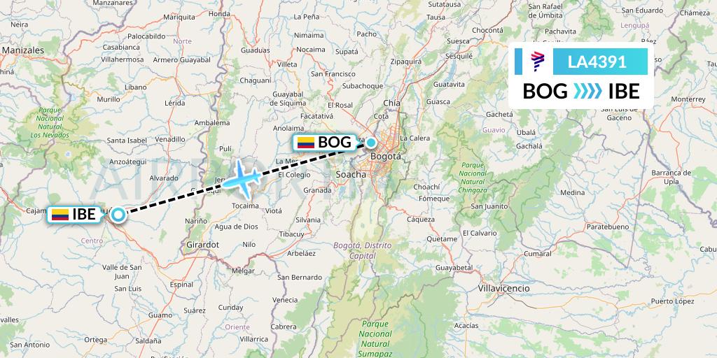 LA4391 LAN Airlines Flight Map: Bogota to Ibague