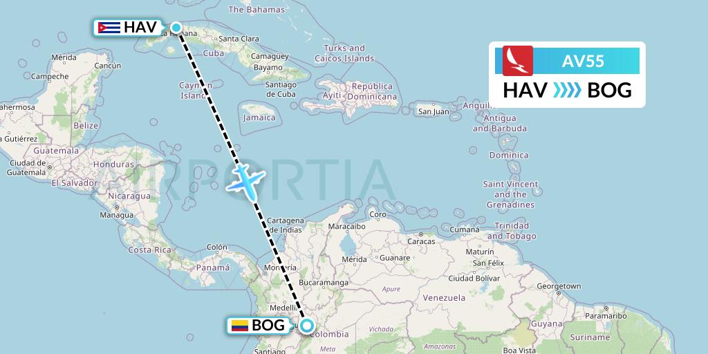 AV55 Avianca Flight Map: Havana to Bogota
