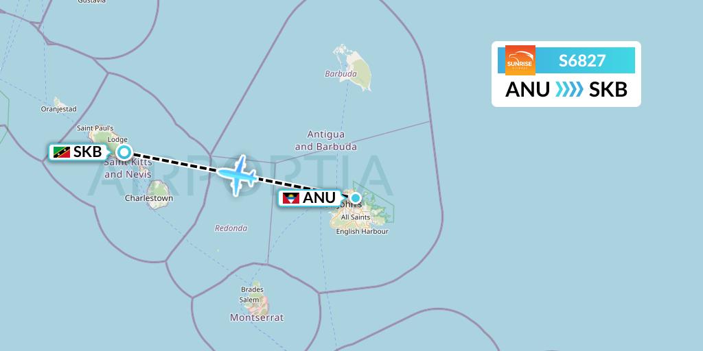 S6827 Sunrise Airways Flight Map: Antigua to Basseterre