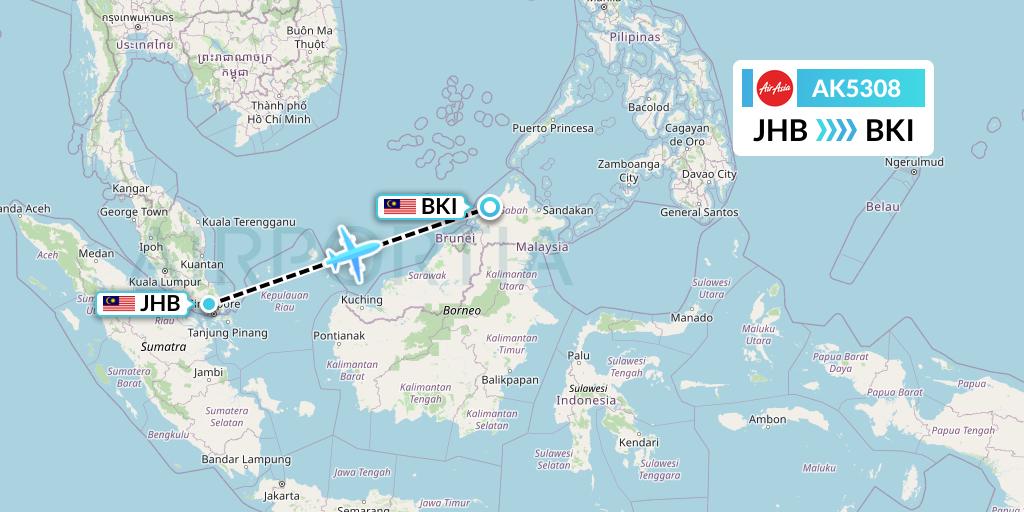 AK5308 AirAsia Flight Map: Johor Bahru to Kota Kinabalu