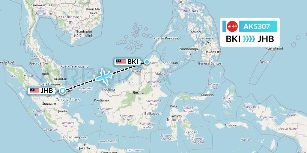 AK5307 AirAsia Flight Map: Kota Kinabalu to Johor Bahru