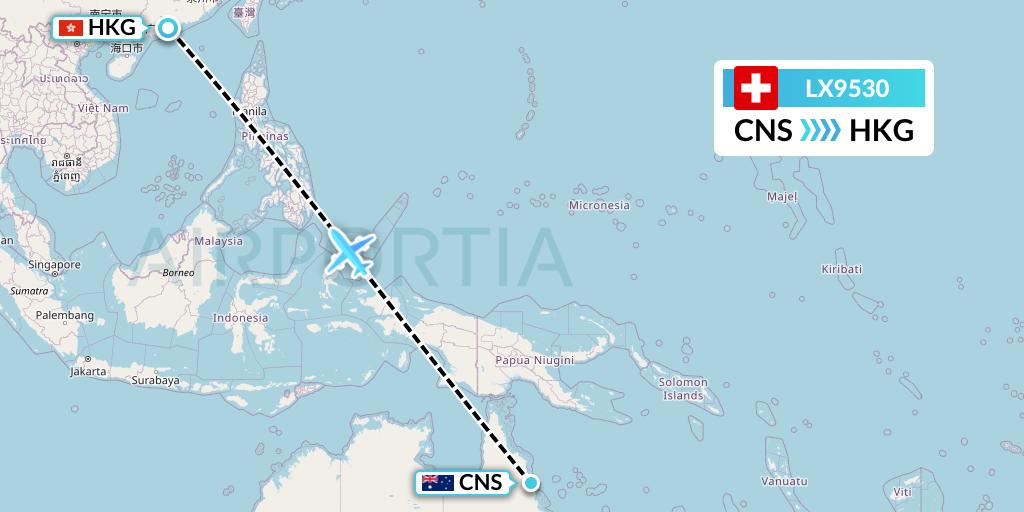 LX9530 Swiss Flight Map: Cairns to Hong Kong