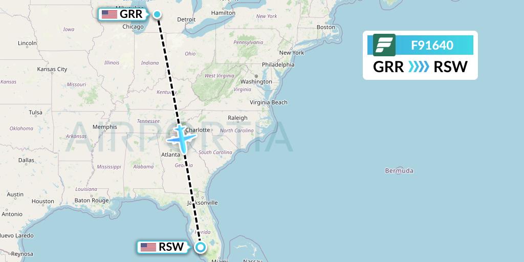 F91640 Frontier Airlines Flight Map: Grand Rapids to Fort Myers