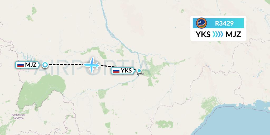 R3429 Yakutia Airlines Flight Map: Yakutsk to Mirny
