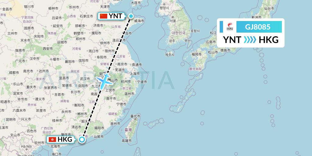 GJ8085 Loong Airlines Flight Map: Yantai to Hong Kong