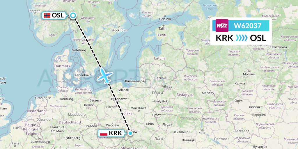 W62037 Wizz Air Flight Map: Krakow to Oslo