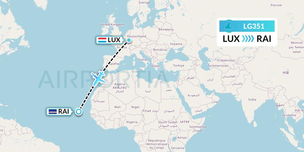 LG351 Luxair Flight Map: Luxembourg to Praia