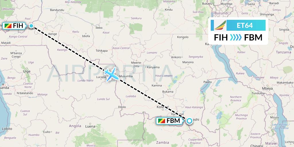 ET64 Ethiopian Airlines Flight Map: Kinshasa to Lubumbashi