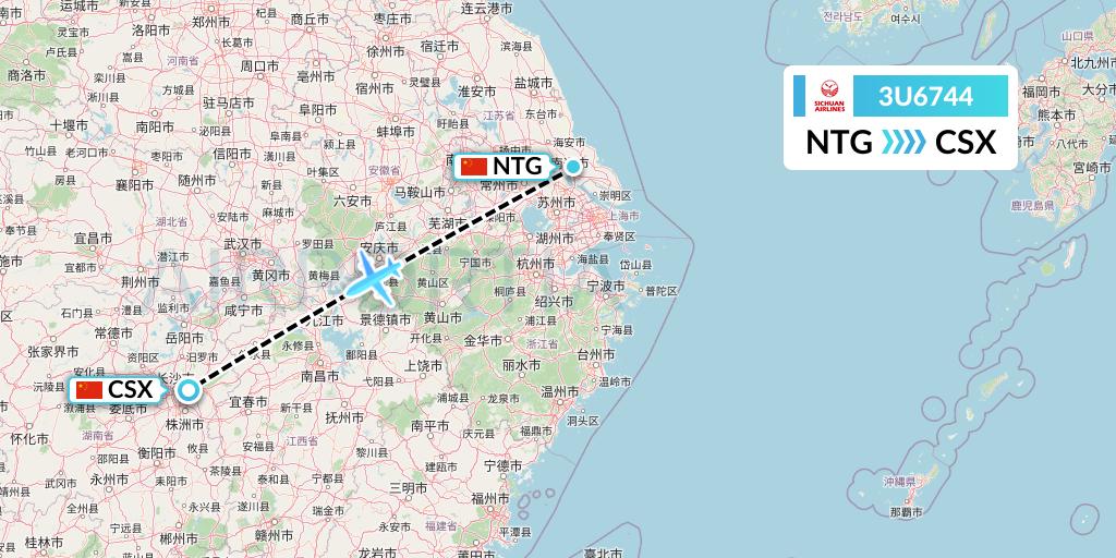3U6744 Sichuan Airlines Flight Map: Nantong to Changsha