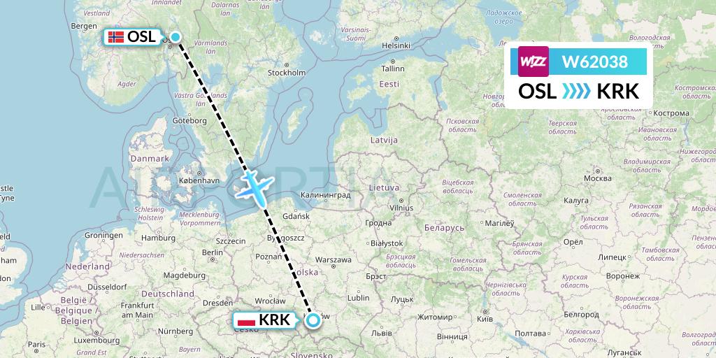 W62038 Wizz Air Flight Map: Oslo to Krakow