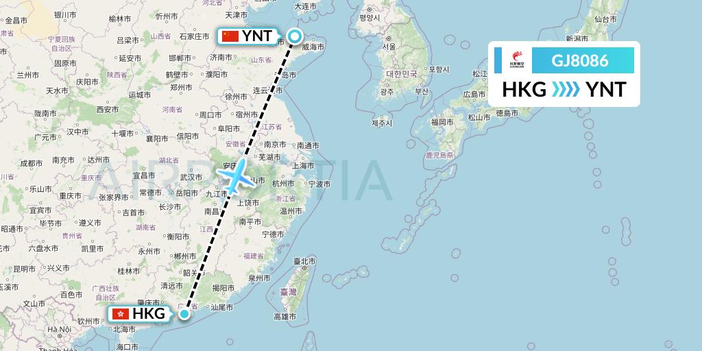 GJ8086 Loong Airlines Flight Map: Hong Kong to Yantai