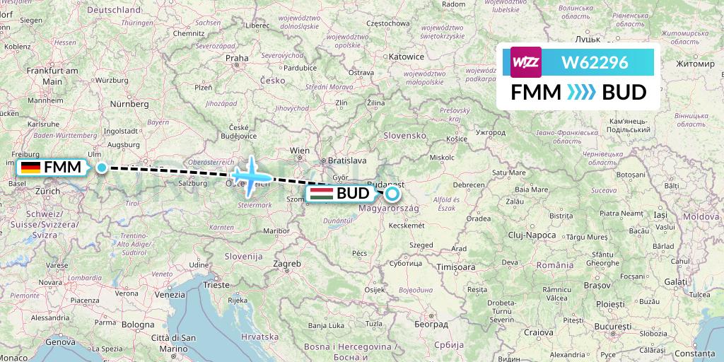 W62296 Wizz Air Flight Map: Memmingen to Budapest