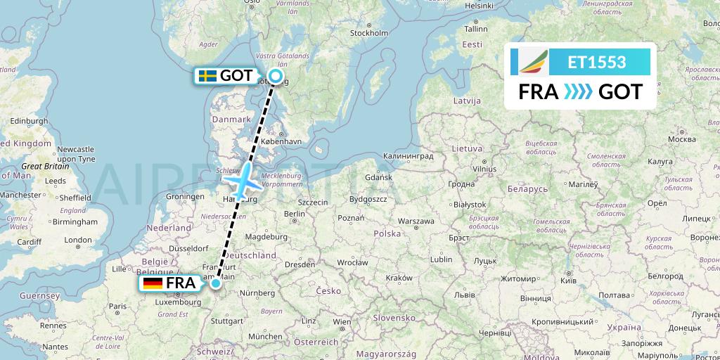 ET1553 Ethiopian Airlines Flight Map: Frankfurt to Gothenburg