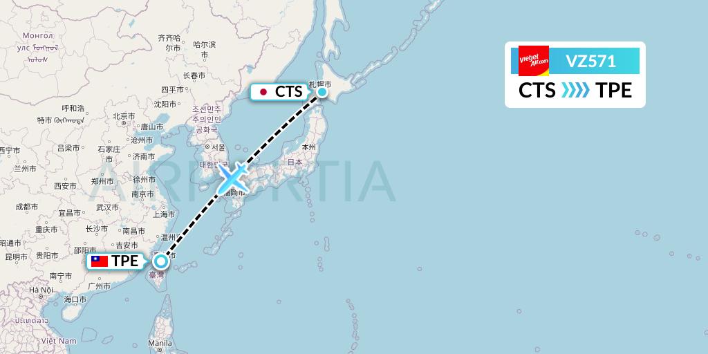 VZ571 Thai Vietjet Air Flight Map: Sapporo to Taipei