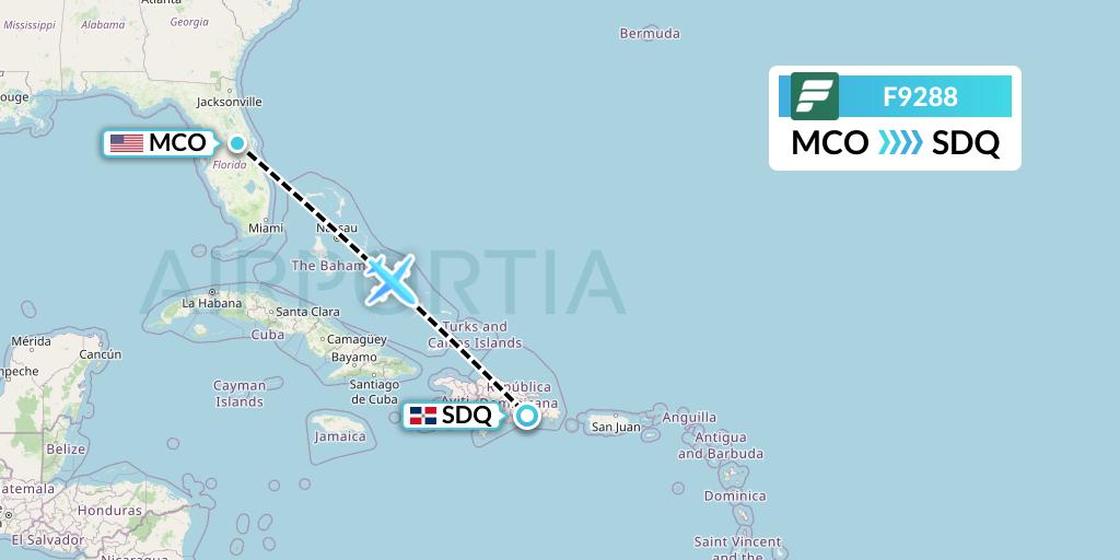 F9288 Frontier Airlines Flight Map: Orlando to Santo Domingo