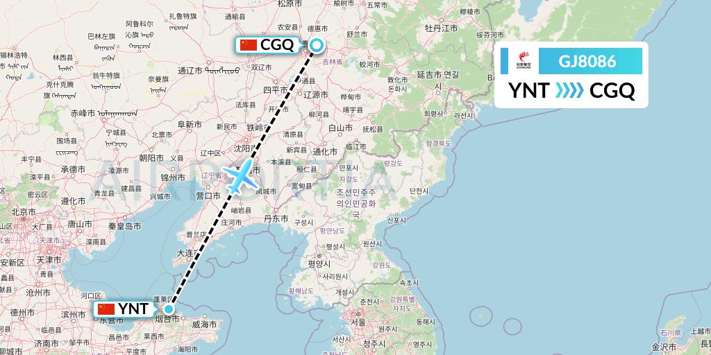 GJ8086 Loong Airlines Flight Map: Yantai to Changchun