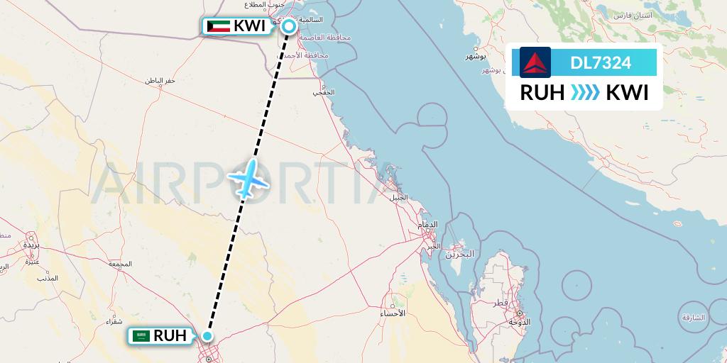 DL7324 Delta Air Lines Flight Map: Riyadh to Kuwait City