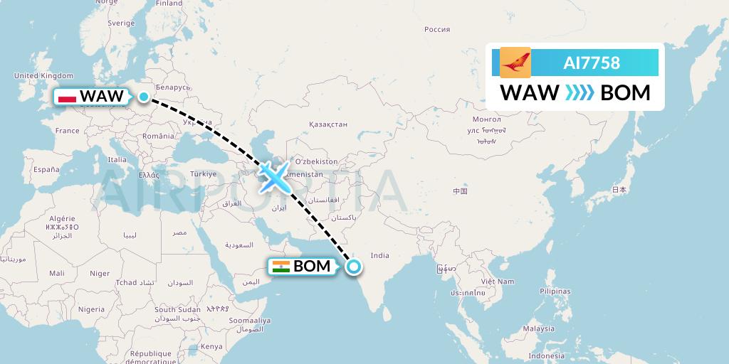 AI7758 Air India Flight Map: Warsaw to Mumbai