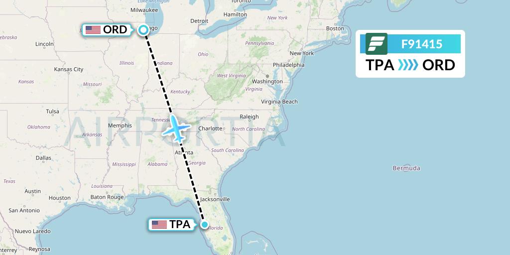 F91415 Frontier Airlines Flight Map: Tampa to Chicago