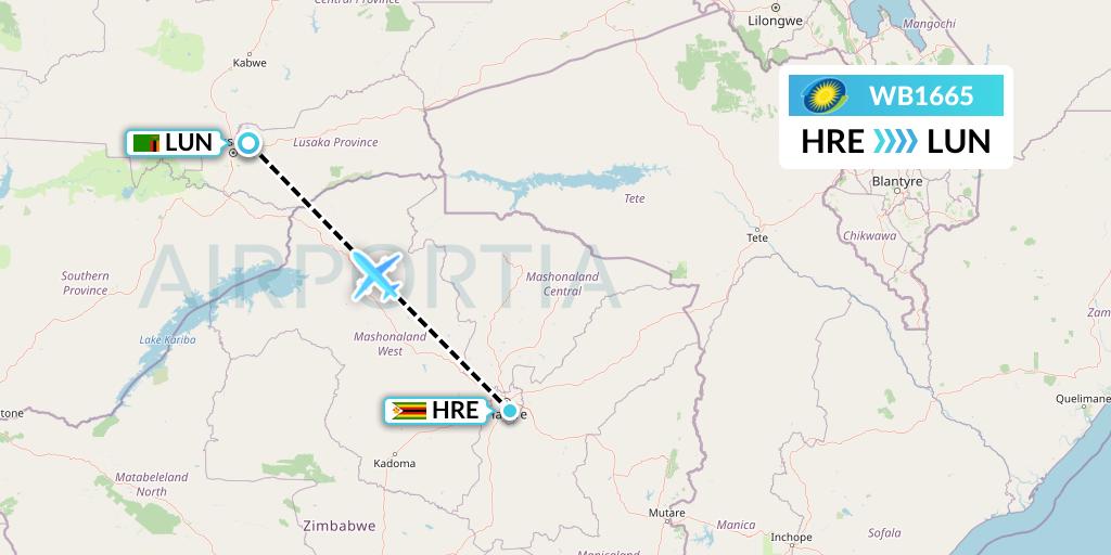 WB1665 RwandAir Flight Map: Harare to Lusaka